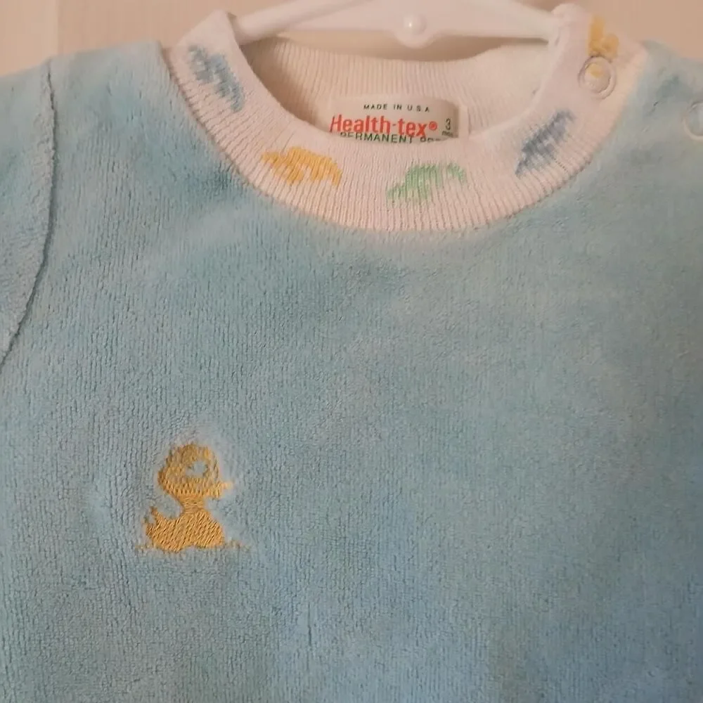 Retro 70s Vintage Blue Velour Baby One Piece Romper Yellow Green Ducks 3 Mo.